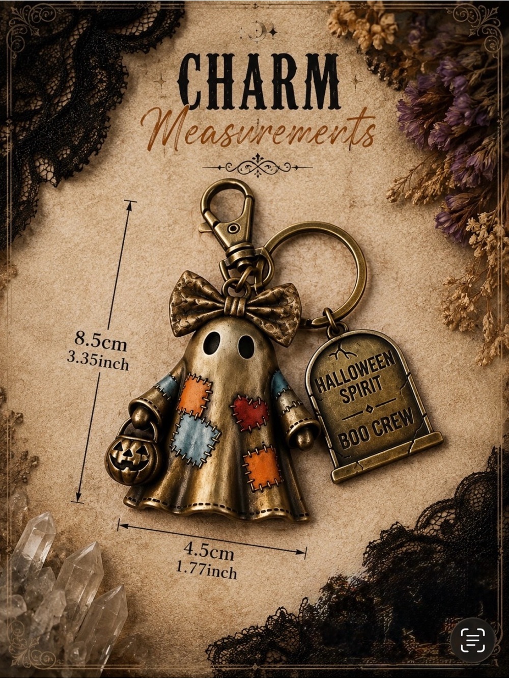 Halloween Ghost Bag Charm Keychain Boo Crew Patchwork Bronze - Picture 5 of 6